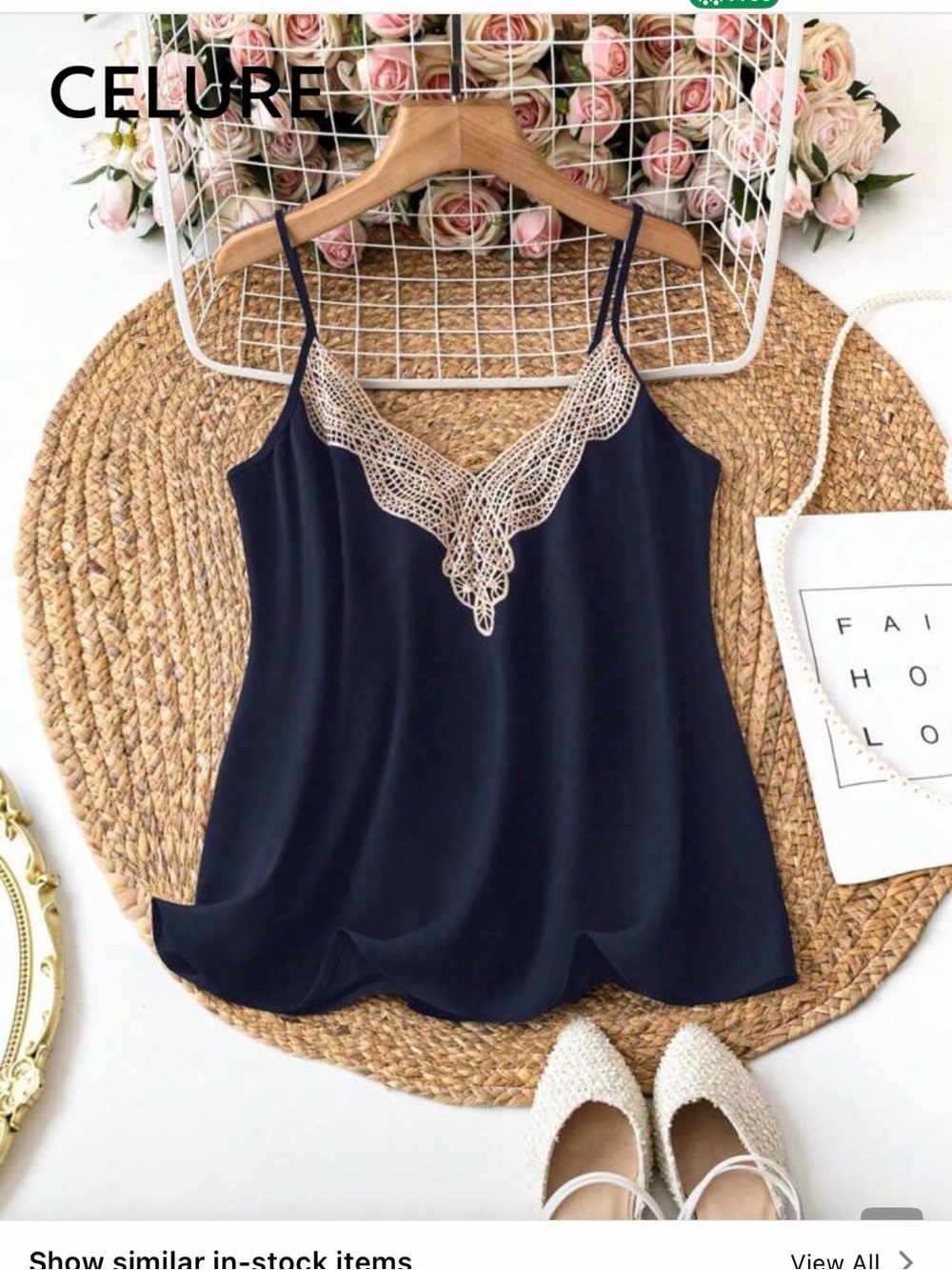 SHEIN Navy Camisole with Cream Lace Trim